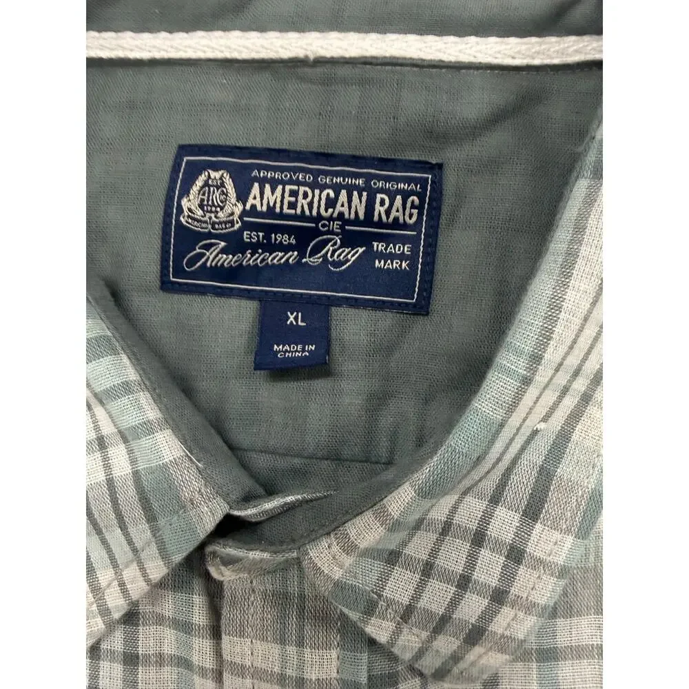 American Rag XL Plaid Button Front Shirt Green Gray Long Sleeve NWT Linen Blend